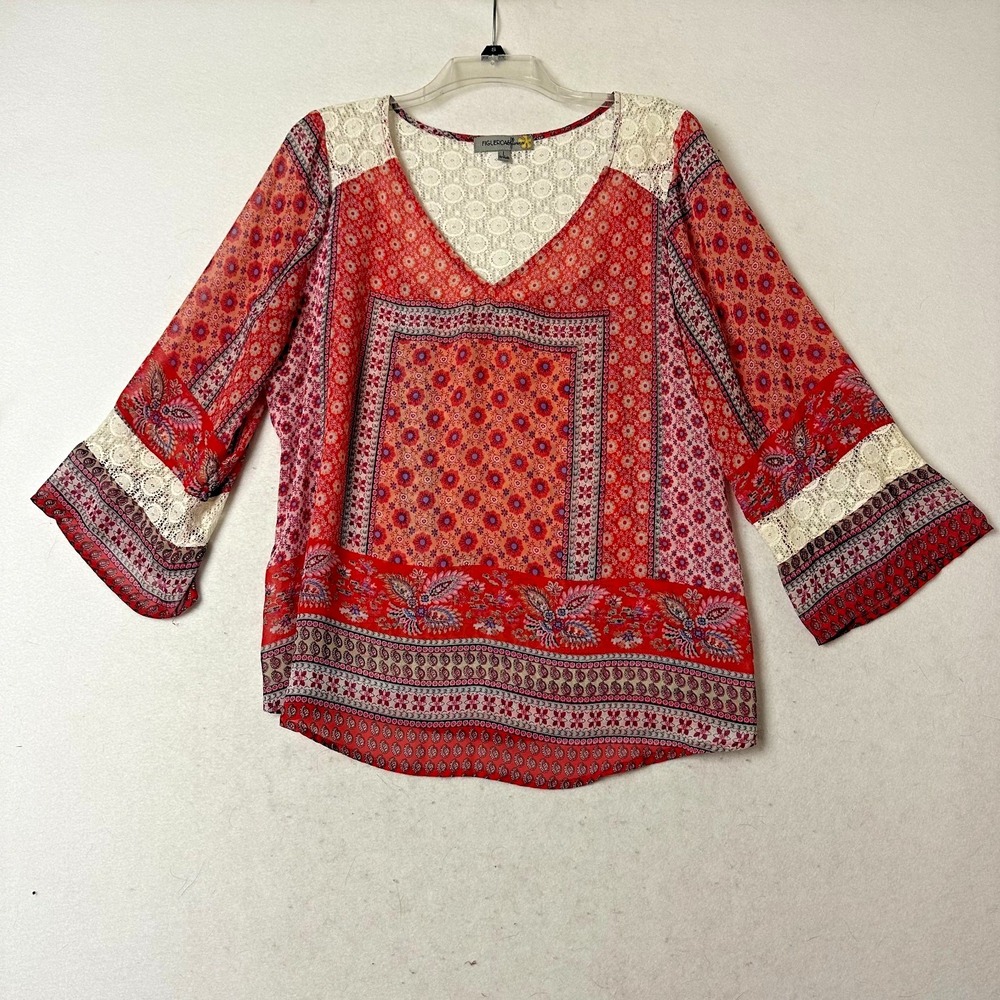 Figueroa & Flower Womens Red Paisley Floral Lace Patchwork Blouse Large L